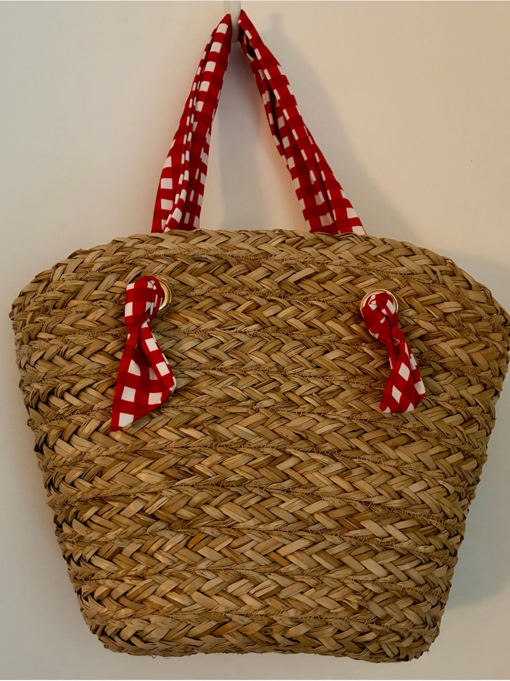 Time and Tru Red-Ginghaam Straw Beach Tote